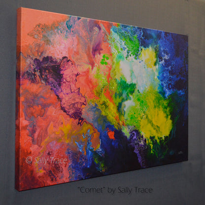 Colorful abstract outer space painting print entitled 'Comet' by Sally Trace fluid art painting print