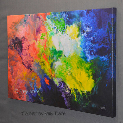 Colorful abstract painting fluid art painting print, titled 'Comet' by Sally Trace