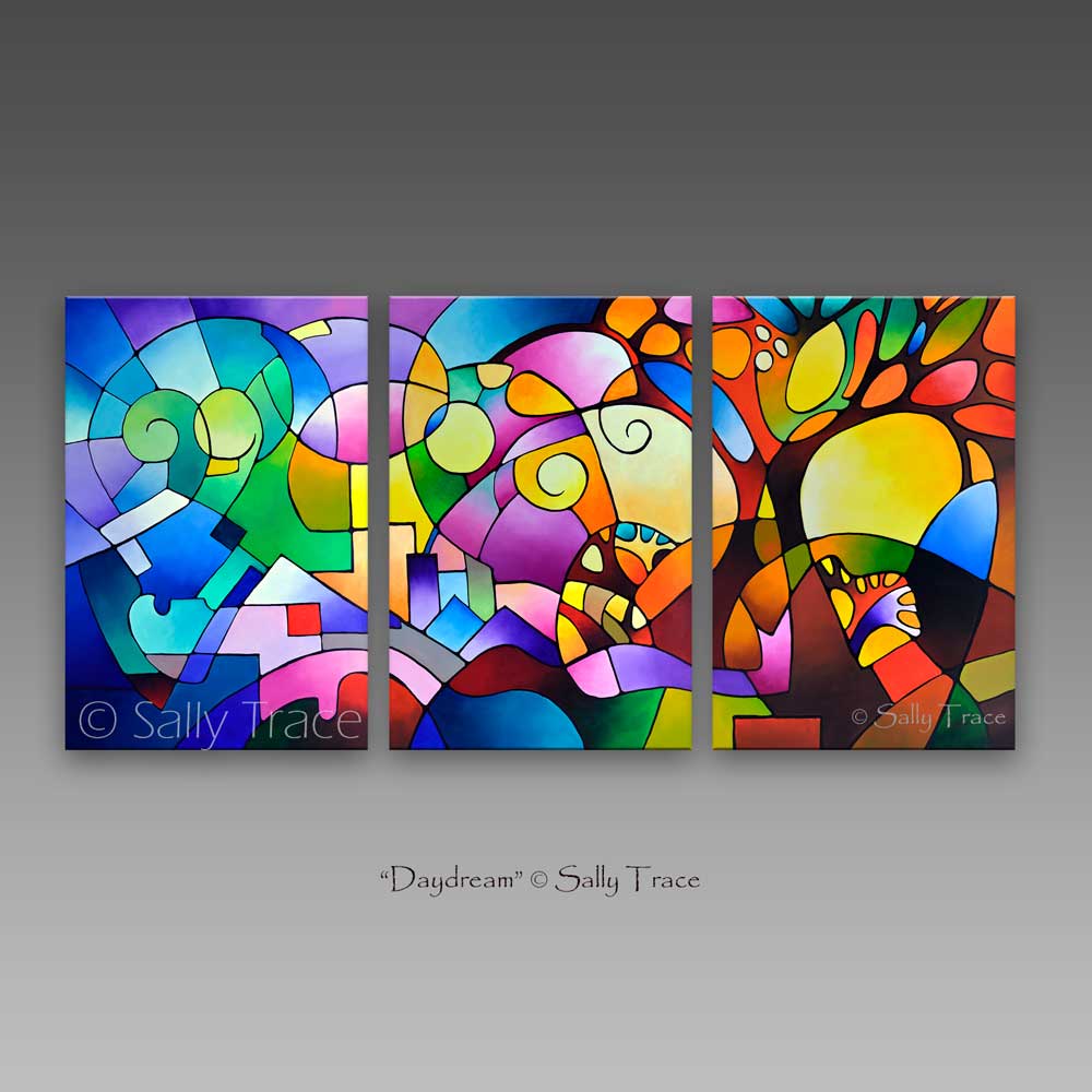 Canvas giclee print of Sally Trace painting "Daydream" extra large wall art, Colorful abstract geometric landscape canvas prints for sale, three giclee prints on canvas made from my beautiful original acrylic triptych acrylic on canvas painting "Daydream", oversized geometric canvas painting prints wall art, geometric shapes, expressionism with geometric trees, mountains, sky, blue yellow paintings.