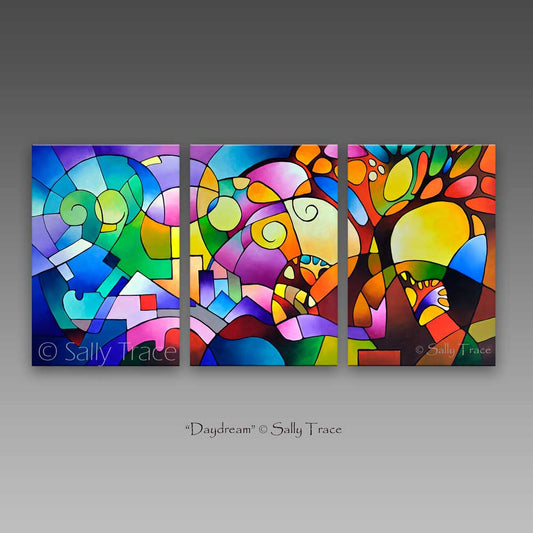 Canvas giclee print of Sally Trace painting "Daydream" extra large wall art, Colorful abstract geometric landscape canvas prints for sale, three giclee prints on canvas made from my beautiful original acrylic triptych acrylic on canvas painting "Daydream", oversized geometric canvas painting prints wall art, geometric shapes, expressionism with geometric trees, mountains, sky, blue yellow paintings.