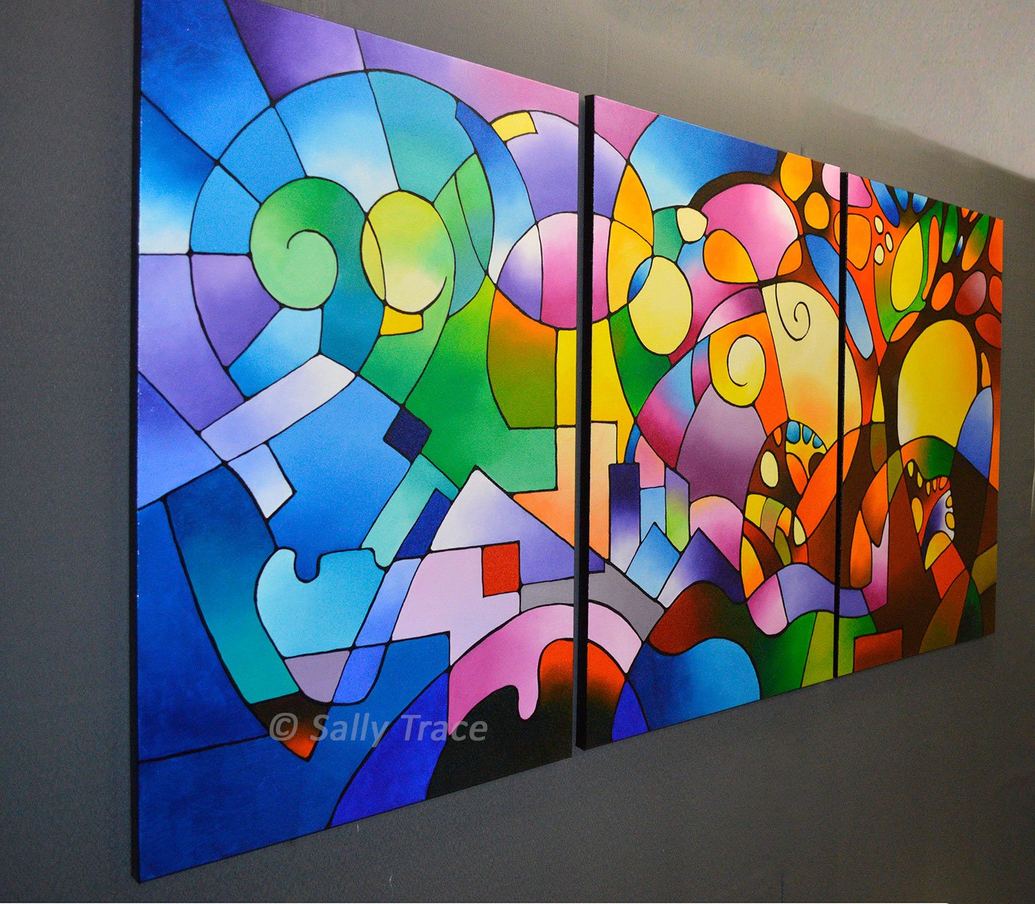 Beautiful acrylic paintings for living room, "Daydream", original triptych geometric landscape painting by Sally Trace, left side view