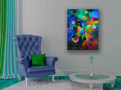 "Direction North," original abstract painting giclee print by Sally Trace, room view, blue abstract art