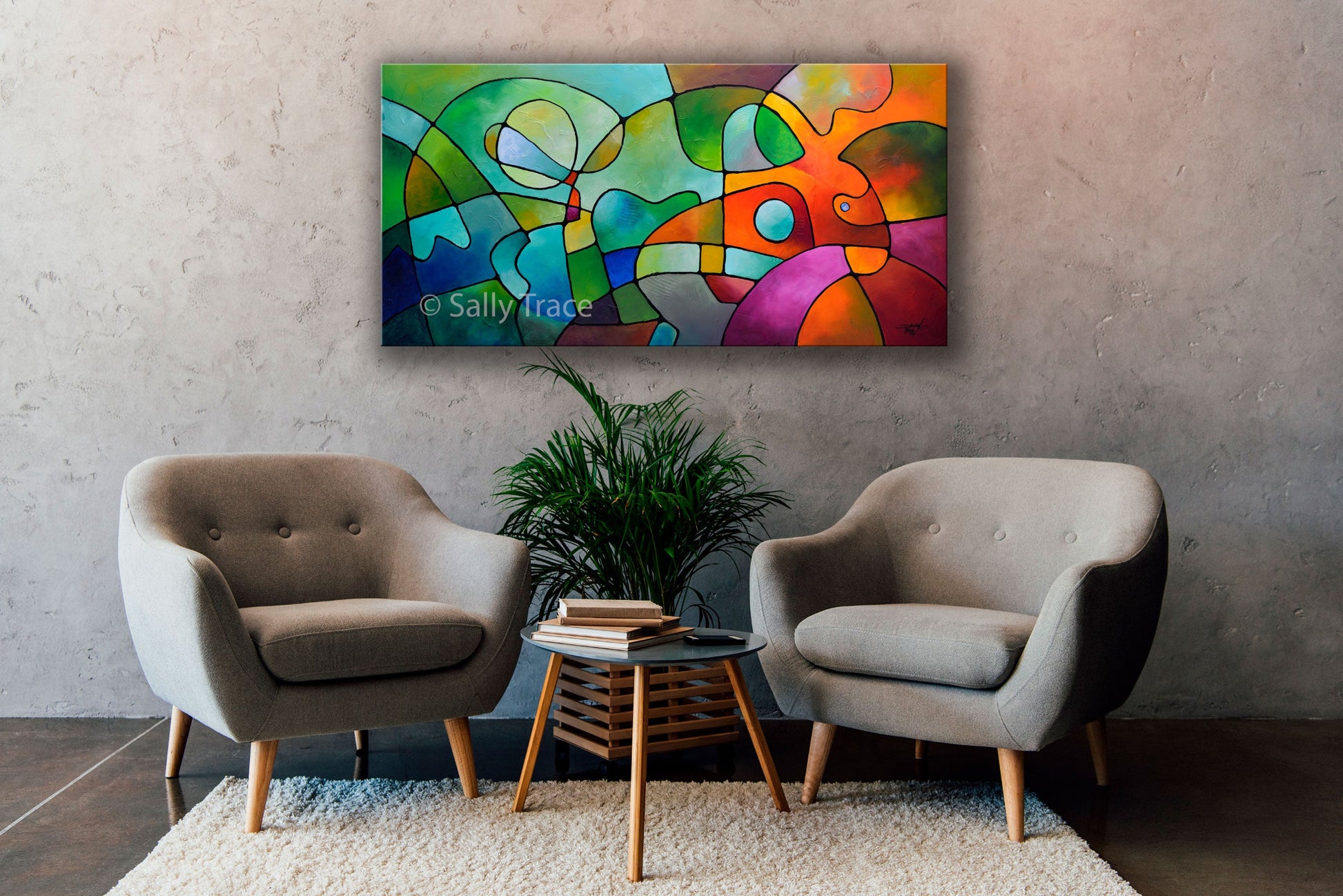 Colorful geometric abstract art acrylic painting on canvas for sale, "Equanimity", a lightly textured geometric abstract painting with a mid-century modern aesthetic, meandering lines, geometric elements. A geometric textured abstract painting, room view