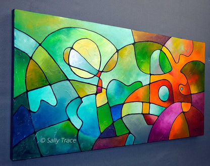 Colorful geometric abstract art acrylic painting on canvas for sale, "Equanimity", a lightly textured geometric abstract painting with a mid-century modern aesthetic, meandering lines, geometric elements. A geometric textured abstract painting, left view