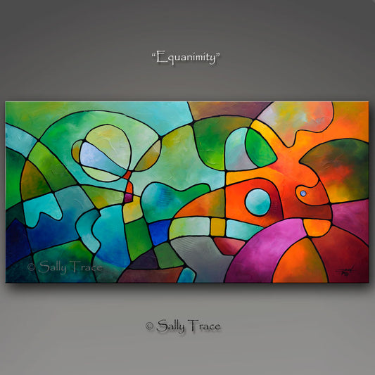 Colorful geometric abstract art acrylic painting on canvas for sale, "Equanimity", a lightly textured geometric abstract painting with a mid-century modern aesthetic, meandering lines, geometric elements. A geometric textured abstract painting.