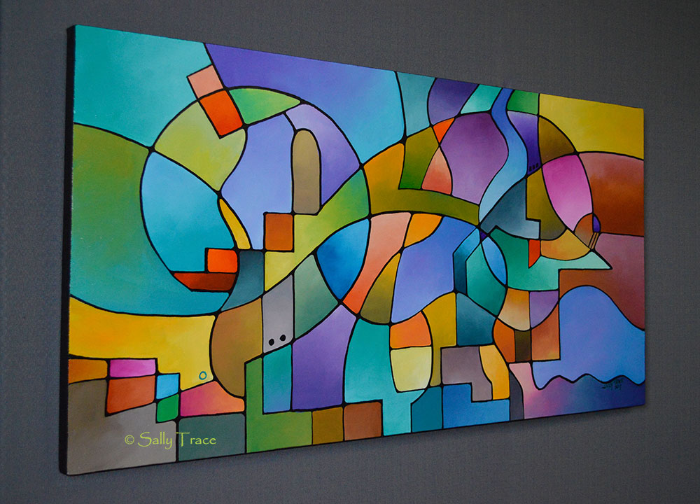 "Equilibrium" original geometric abstract painting for sale by Sally Trace, side view