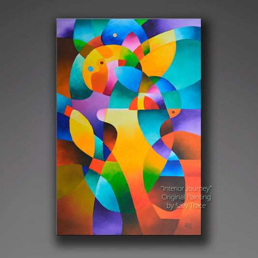acrylic abstract paintings for sale, modern geometric hard edged original abstract painting "Interior Journey" by Sally Trace