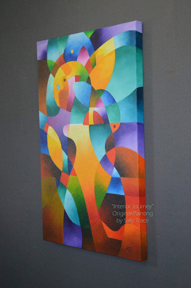 Acrylic abstract paintings for sale, modern geometric hard edged original abstract painting "Interior Journey" by Sally Trace