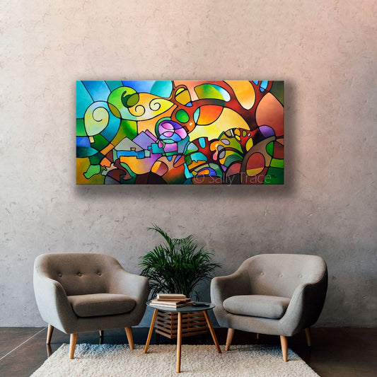 Original abstract landscape painting by Sally Trace that is about a feeling of expansiveness when one is stepping out into a new day. This is an acrylic on canvas painting in a vertical format and is 24 inches high and 48 inches wide. This image shows the painting in a living room setting.