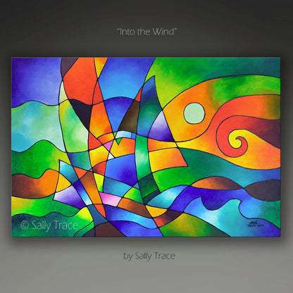 Geometric art prints on stretched canvas from the original abstract painting "Into the Wind" by Sally Trace