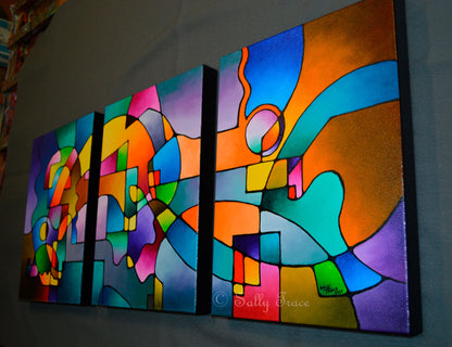 Modern art contemporary geometric acrylic painting triptych. Original abstract geometric painting commission "A Further Theory". Oversized geometric wall art, Three acrylic paintings on gallery wrapped canvas with the sides painted black. Abstract acrylic mixed media painting. Varnished, wired and ready to hang.