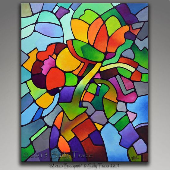 Modern abstract art for sale by Sally Trace, "Mosaic Bouquet", fine art 30x40 inch geometric abstraction original painting.