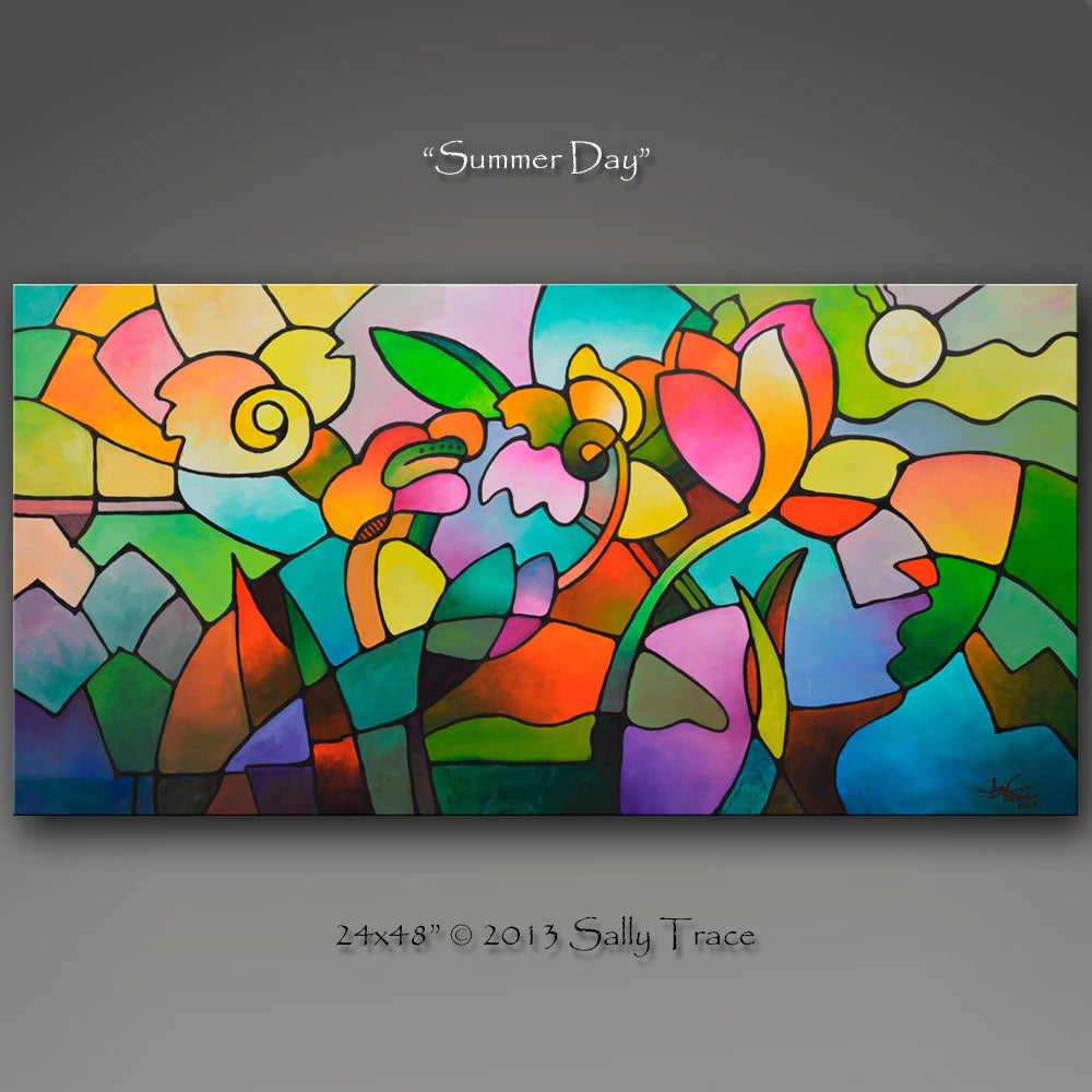 Modern contemporary geometric abstraction "Summer Day" original painting by Sally Trace, large abstract colorful abstract art