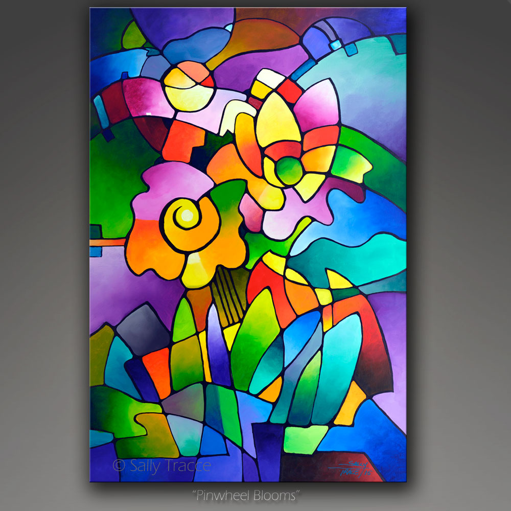 Pinwheel Blooms, modern contemporary geometric floral abstract painting print by Sally Trace