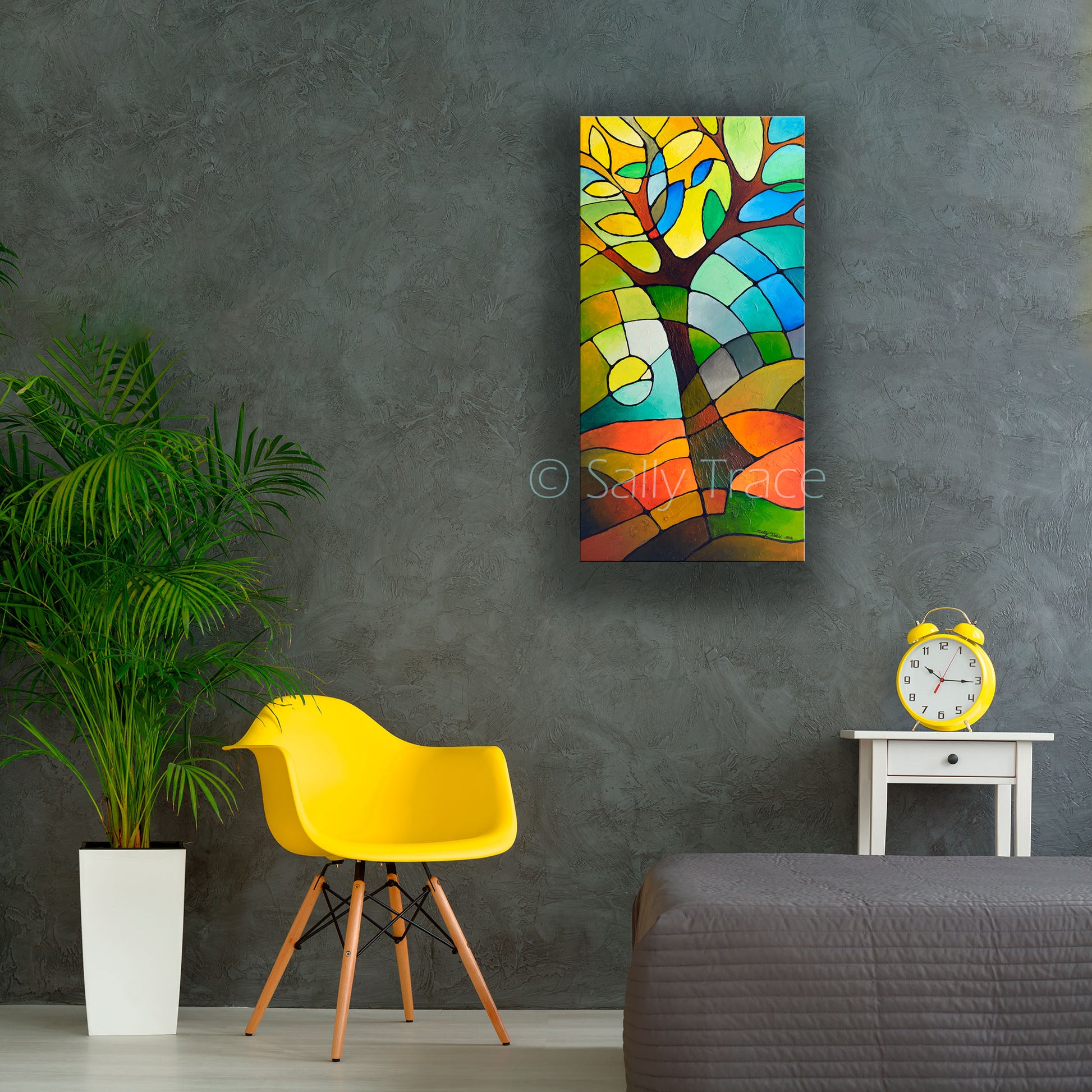 Modern abstract geometric abstraction landscape painting giclee print "Sumer Tree", room view