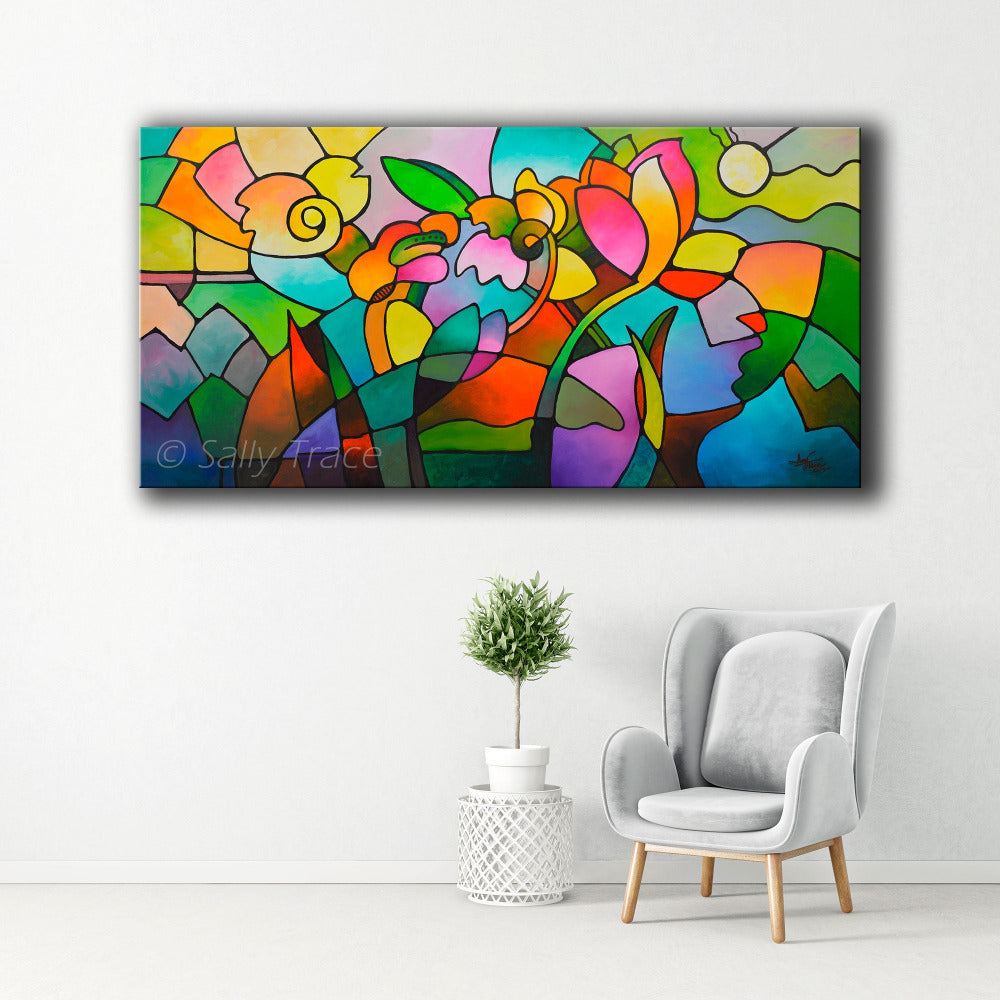 Modern contemporary geometric abstraction "Summer Day" original painting by Sally Trace, large abstract colorful abstract art