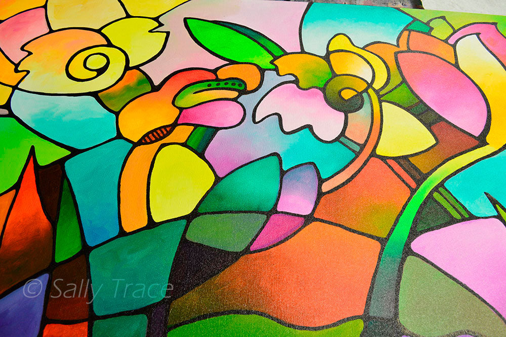 Modern contemporary geometric abstraction "Summer Day" original painting by Sally Trace, large abstract colorful abstract art