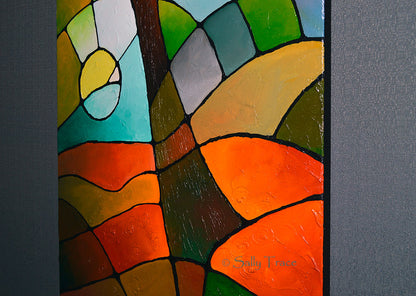 Summer Tree, a textured geometric abstract tree painting by Sally Trace