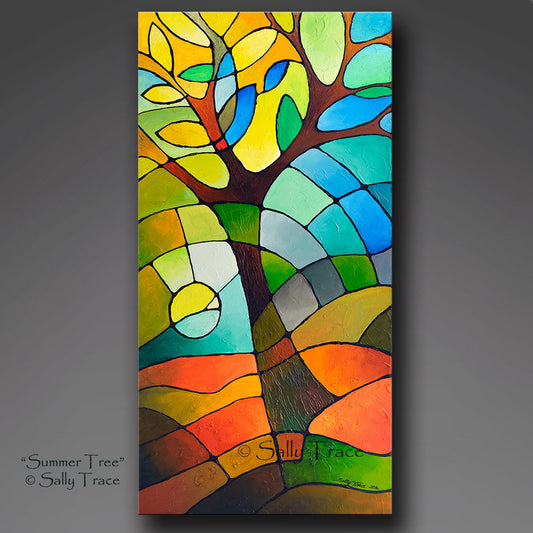 "Summer Tree", Geometric Textured Original Abstract Tree Painting by Sally Trace, Commission