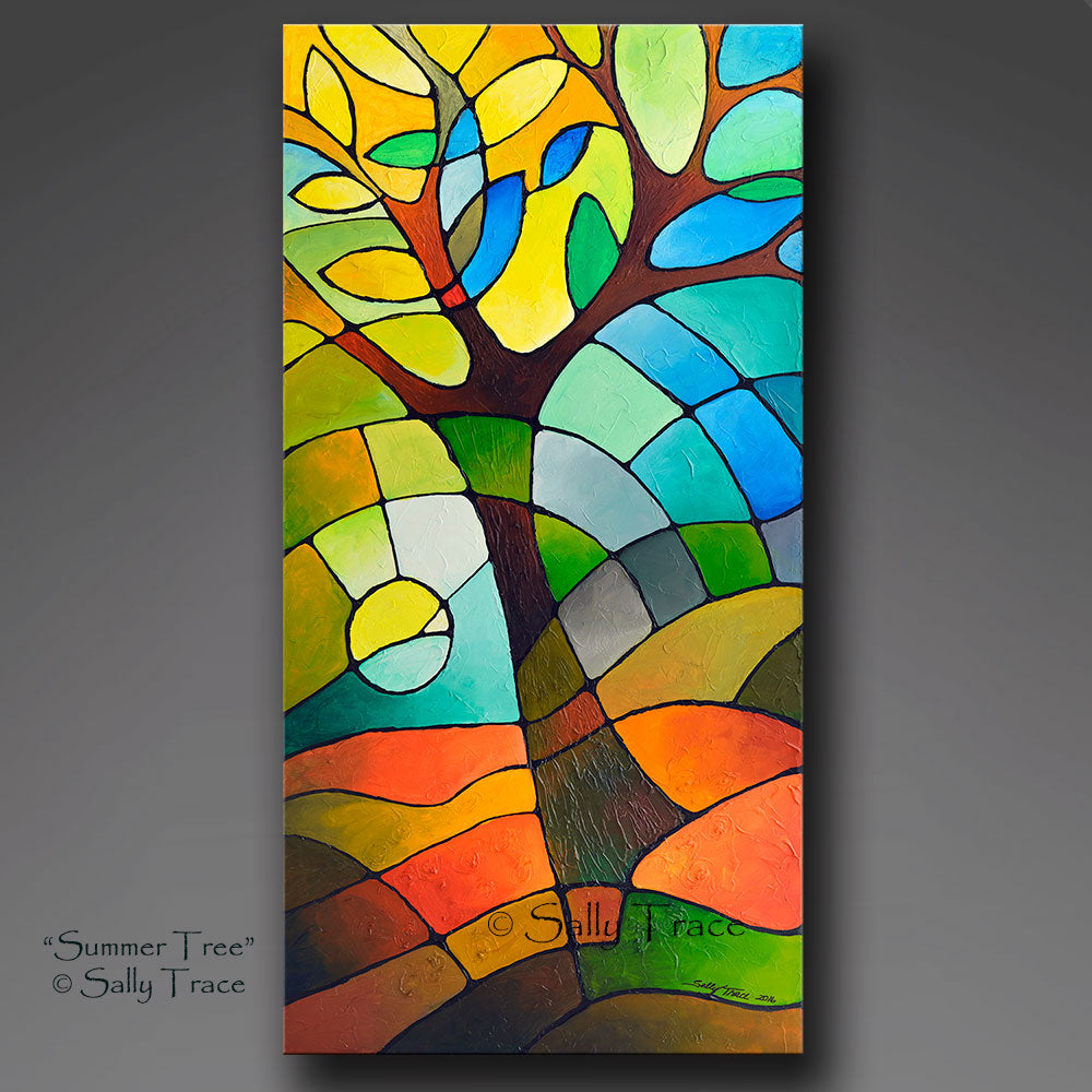 Modern abstract geometric abstraction landscape painting giclee print "Summer Tree' by Sally Trace