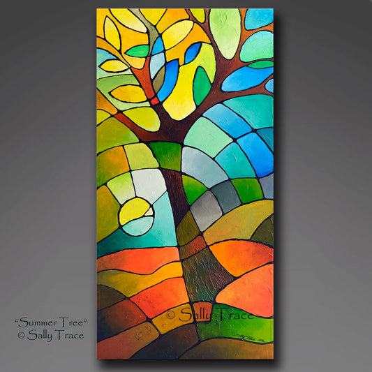 Summer Tree, a textured geometric abstract tree painting by Sally Trace