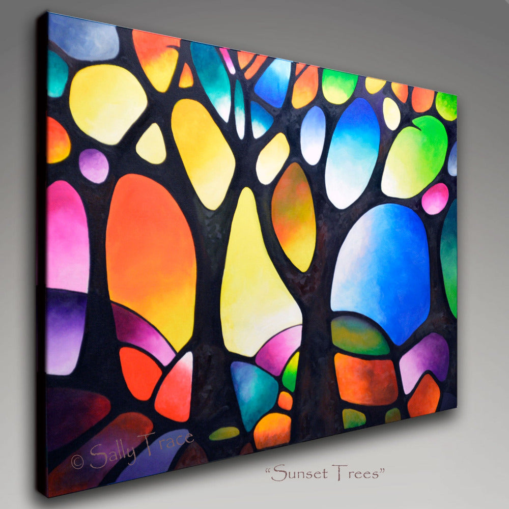 Modern art abstract painting for sale "Sunset Trees" by Sally Trace