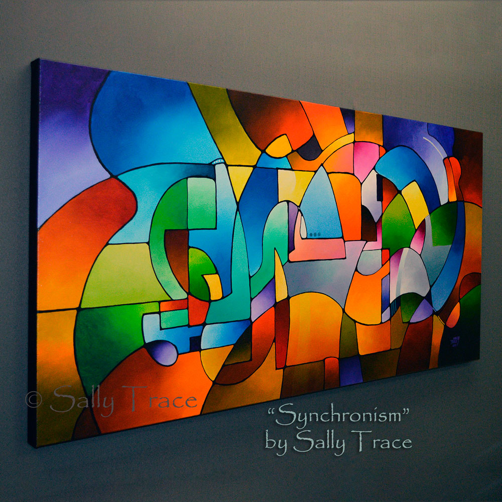 Synchronism, original geometric acrylic on canvas painting by Sally Trace, fine art acrylic abstract painting for living room, dining room, home office. This is a view from the left side of the painting.