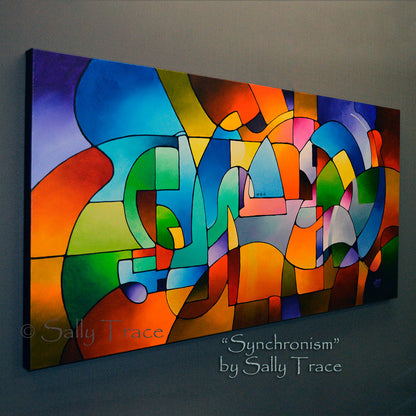 Synchronism, original geometric acrylic on canvas painting by Sally Trace, fine art acrylic abstract painting for living room, dining room, home office. This is a view from the left side of the painting.