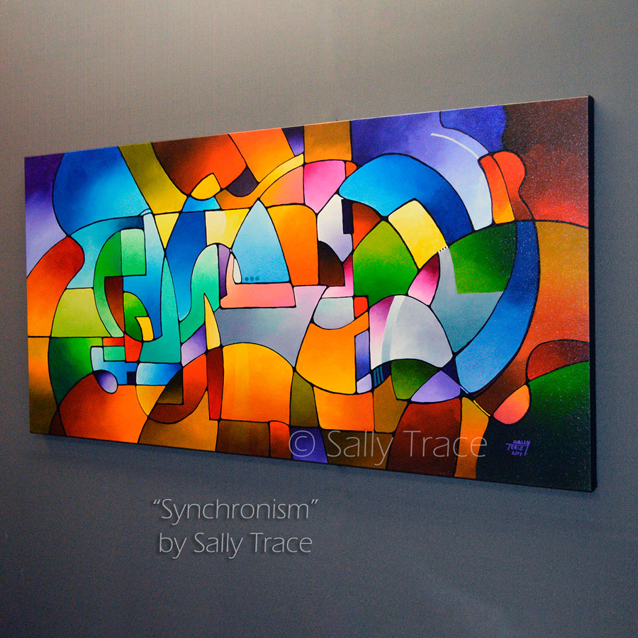 "Synchronism" is an original geometric acrylic on canvas painting by Sally Trace