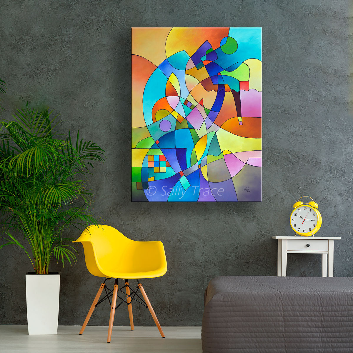 "Three, Six and Nine" is a new original abstract acrylic painting by Sally Trace on stretched cotton canvas. A complex composition that includes blocky patterning, meandering lines with gradated rhythms and blended colors. A calming and balanced vertical image with harmonious colors and a feeling of upward thrust. This is a hard-edged original abstract painting with thin black lines around the color shapes. 40" high, 30" wide with a canvas depth of 1.5 inches. © 2022 Sally Trace, all rights reserved.