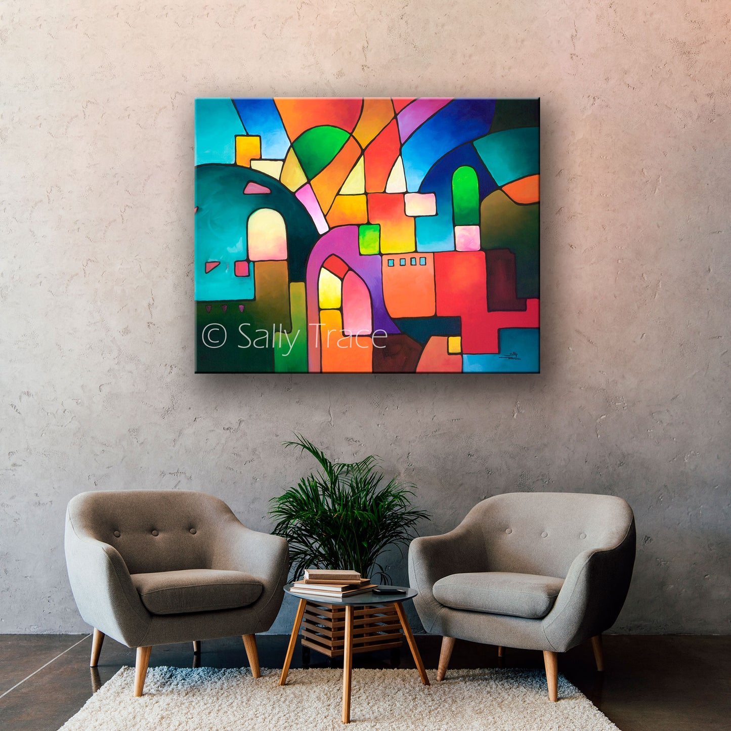 Colorful Geometric Original Abstract Art, Vibrant Wall Decor, Modern Home Accent "Urbanity" by Sally Trace