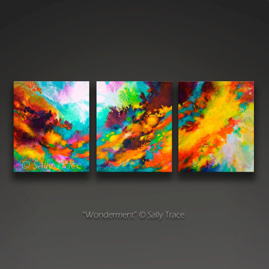 Original modern triptych fluid art abstract acrylic textured paintings on stretched canvas for sale by Sally Trace "Wonderment". Fine art paintings for the home, modern home decor, Contemporary art for the living room.