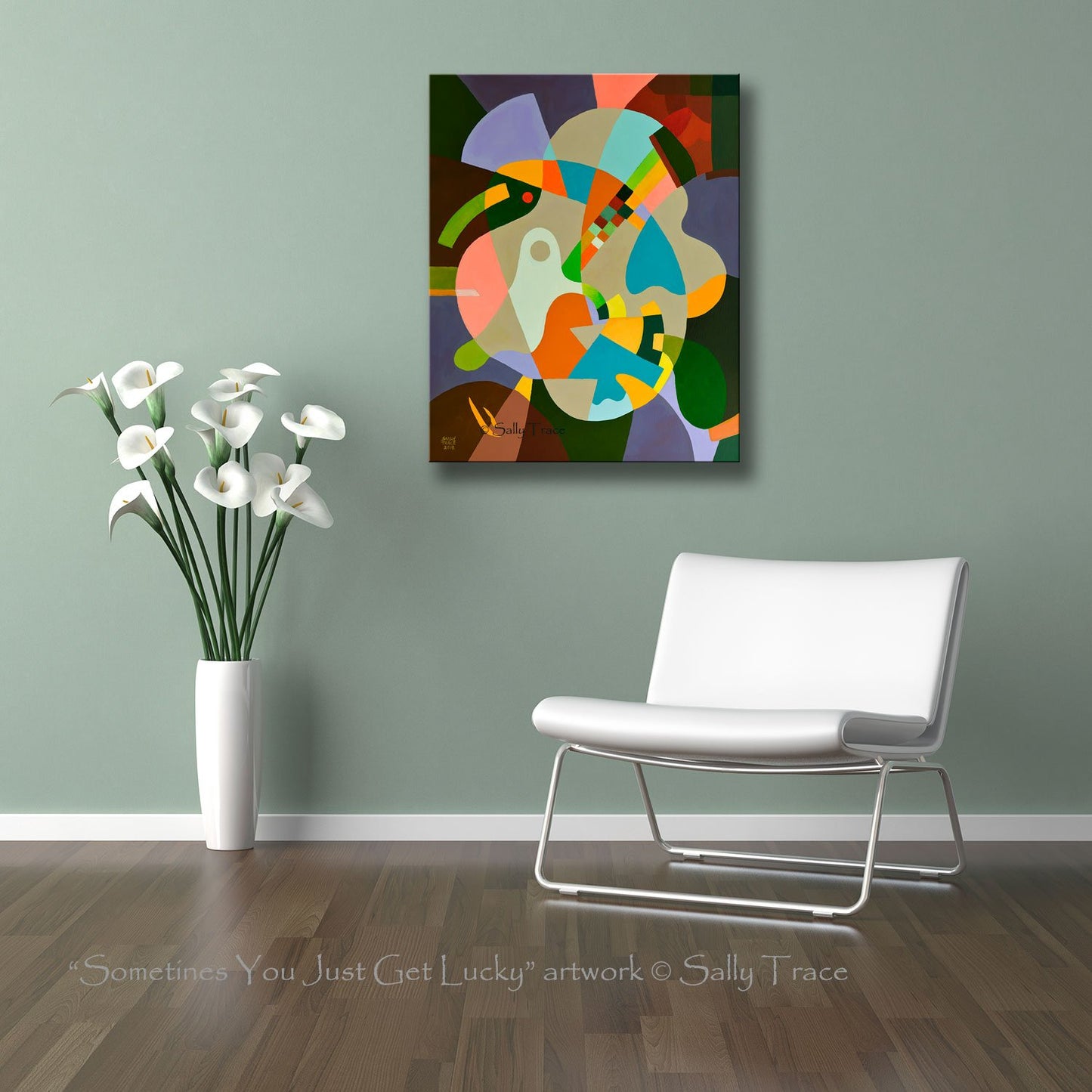 "Sometimes you Just get Lucky" geometric hard-edged original acrylic painting by Sally Trace, room view
