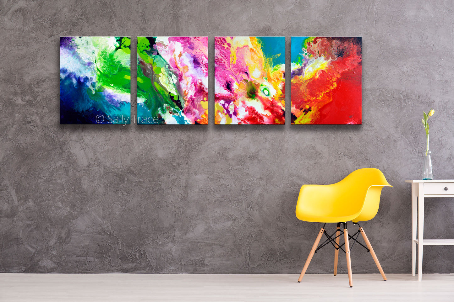 Clean Sweep, colorful polyptych multi panel four canvas abstract painting print by Sally Trace, room view,  modern living room wall art painting.