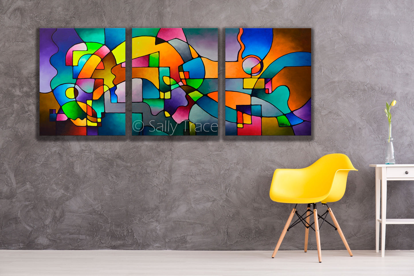 Modern art contemporary geometric acrylic painting triptych. Original abstract geometric painting commission "A Further Theory".  Oversized geometric wall art, Three acrylic paintings on gallery wrapped canvas with the sides painted black. Abstract acrylic mixed media painting. Modern art paintings for living room.