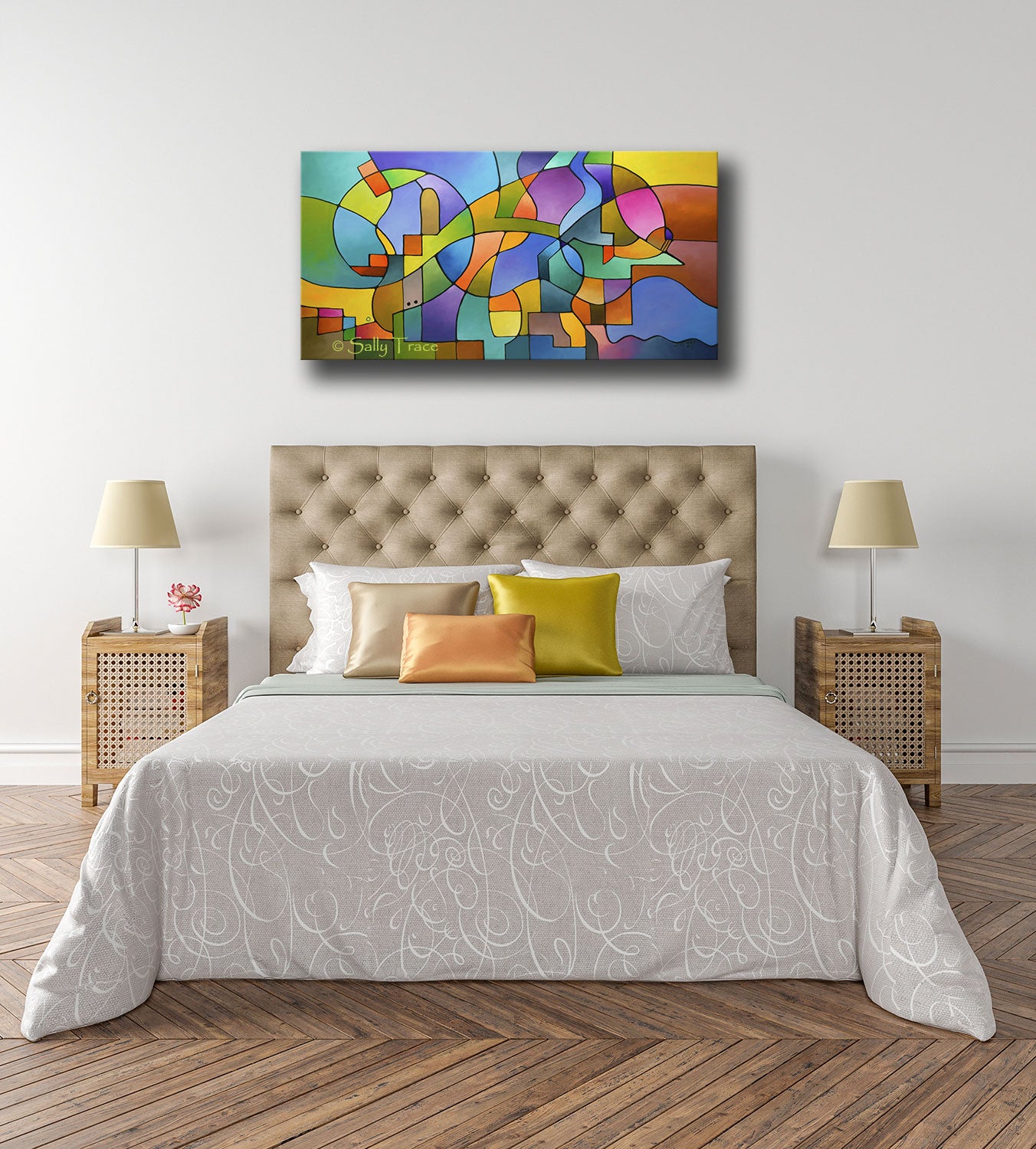 "Equilibrium" original geometric abstract painting for sale by Sally Trace, bedroom decor view
