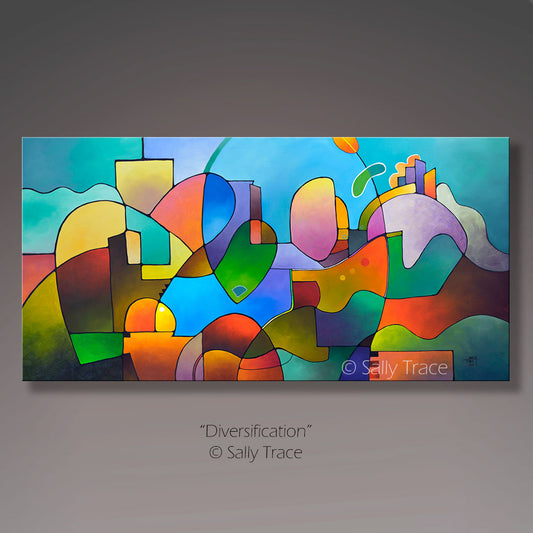 “Diversification” abstract landscape fine art prints, contemporary modern geometric colorful abstract art prints, geometric abstract wall art prints by Sally Trace
