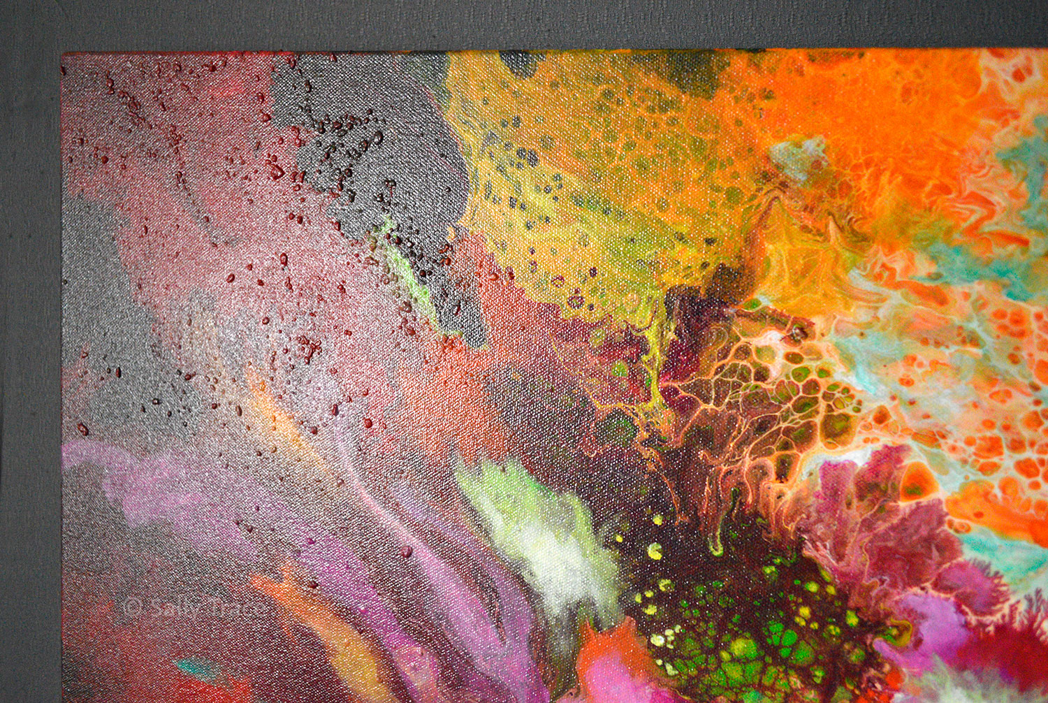 Harmonic Vibrations, original fluid acrylic pour painting for sale by Sally Trace, detail view