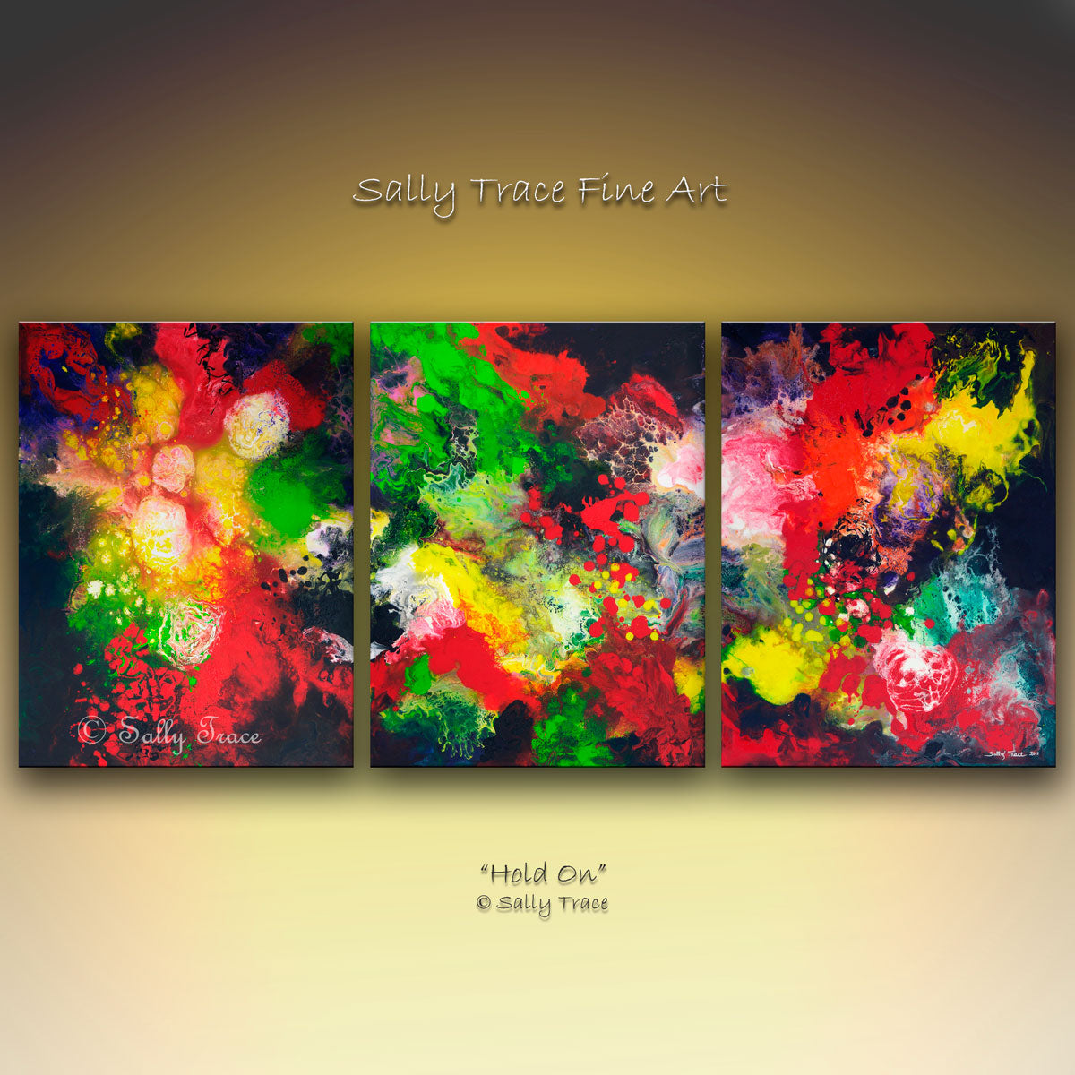 Hold On original triptych abstract fluid painting Sally Trace 