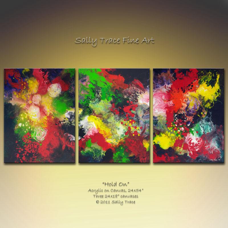 Hold On original triptych abstract fluid painting Sally Trace 