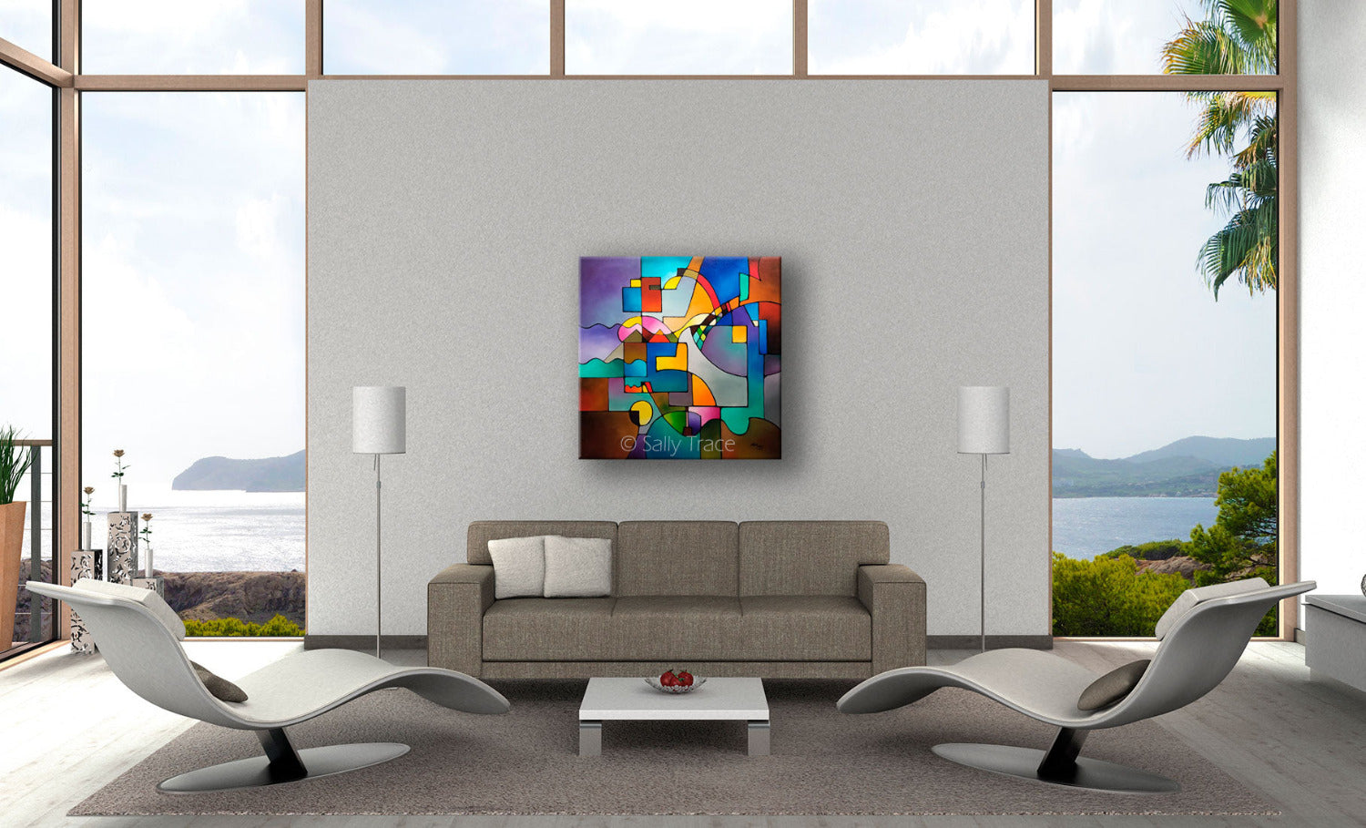 Unified Theory, original abstract art for sale, contemporary modern geometric painting, room view, by Sally Trace