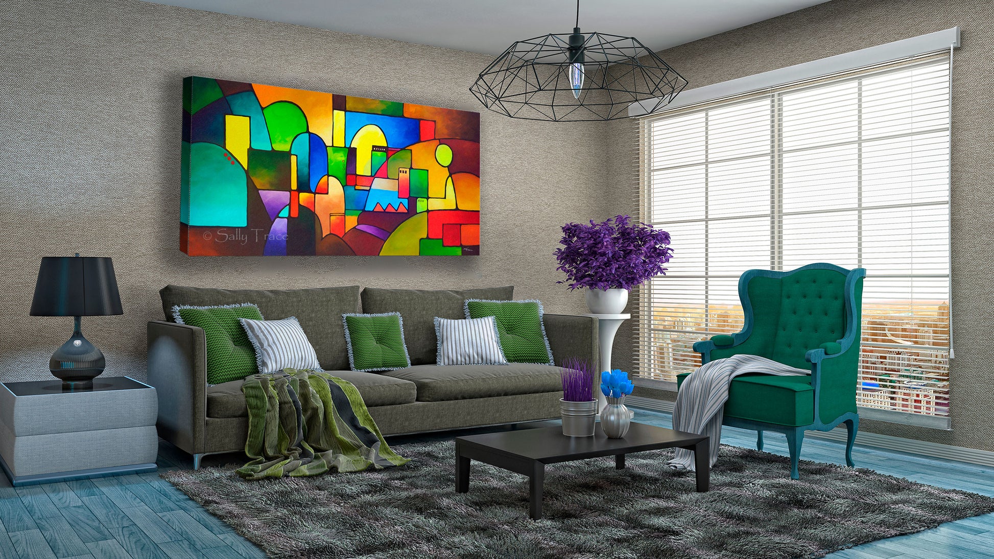 Urbanity 2, giclee print on stretched canvas for sale by Sally Trace, living room view