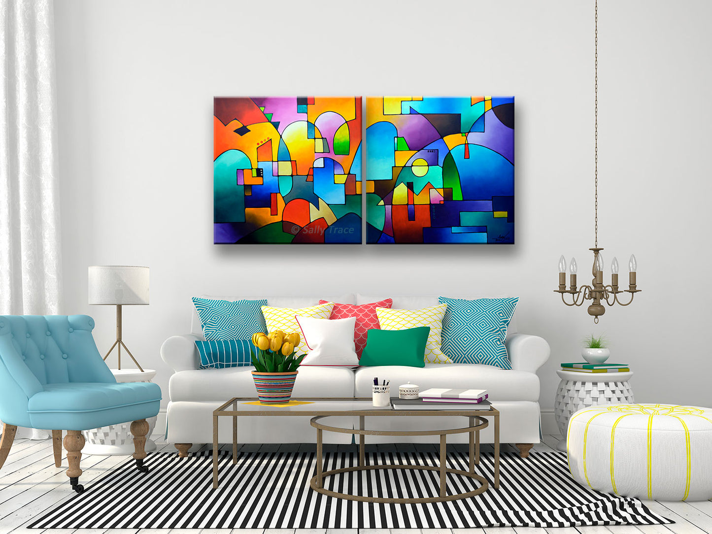 Giclee prints on stretched canvas made from my original abstract painting "Urbanity Vista". These stretched canvas giclee prints are made from my original abstract diptych painting, one of my Urbanity Series paintings and prints, room view.