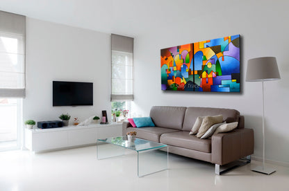 Abstract art for sale by Sally Trace, Urbanity Vista two canvas abstract geometric cityscape painting