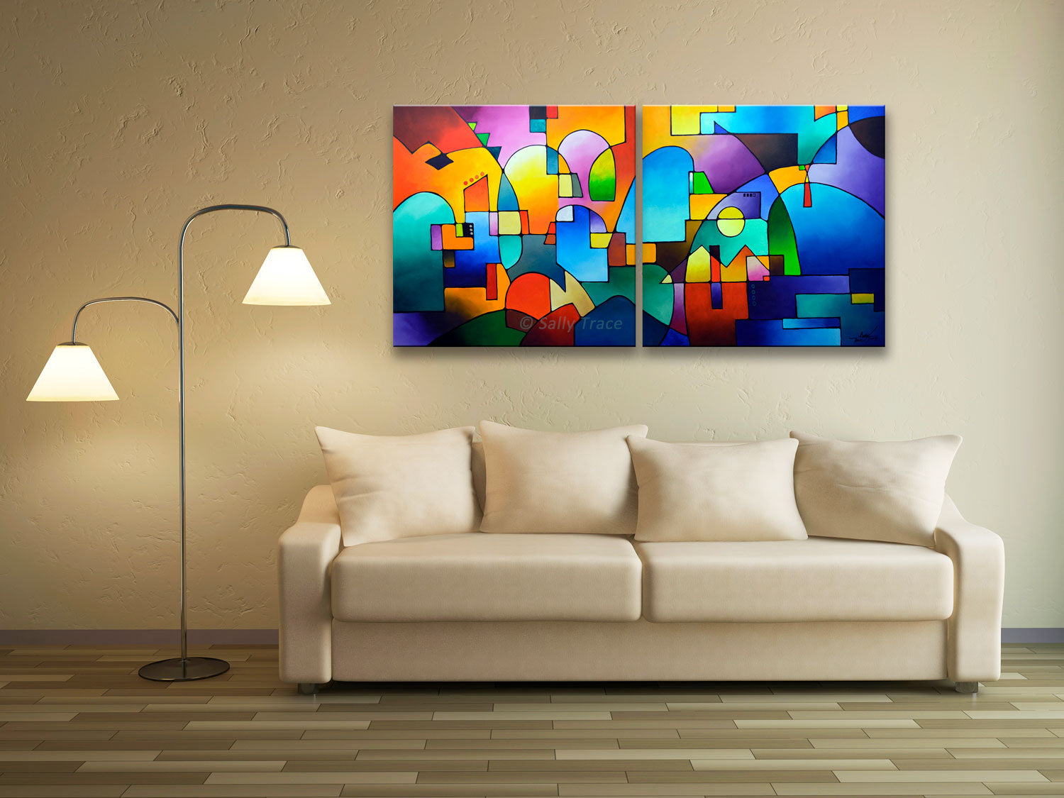 Giclee prints on stretched canvas made from my original abstract painting "Urbanity Vista". These stretched canvas giclee prints are made from my original abstract diptych painting, one of my Urbanity Series paintings and prints, roomview.