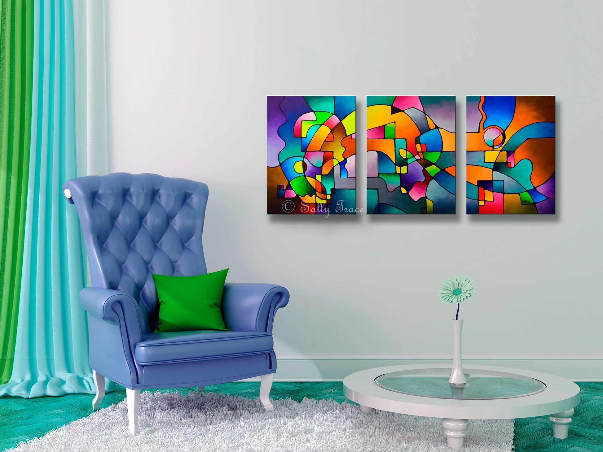 Modern art triptych giclee prints from my original geometric art acrylic painting by Sally Trace, modern living room wall decor.