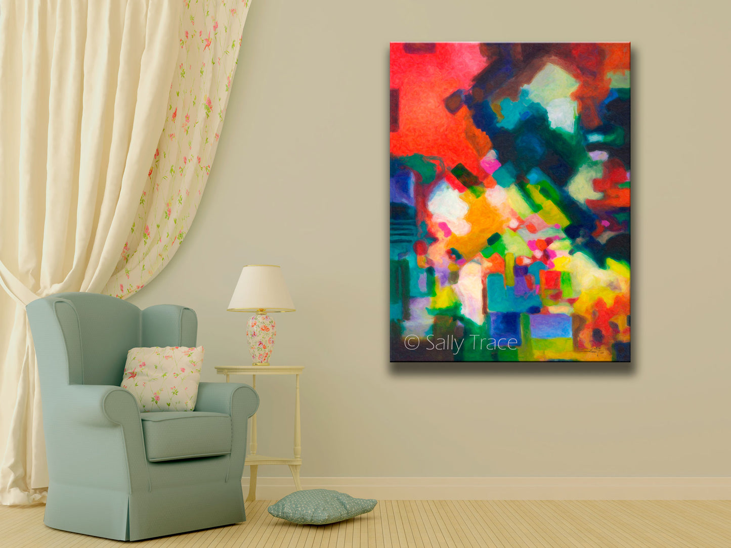 Giclee prints of an abstract Color Field painting by Sally Trace, room view