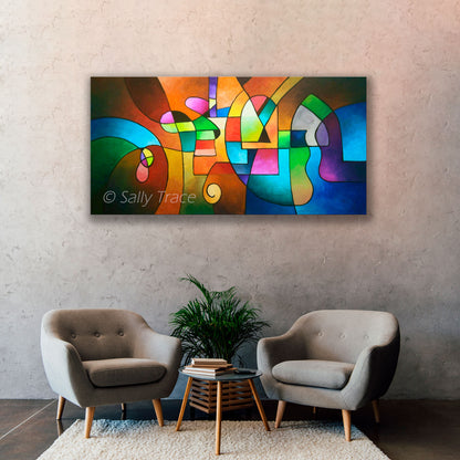 Contemporary geometric abstraction giclee print on stretched canvas by Sally Trace, room view