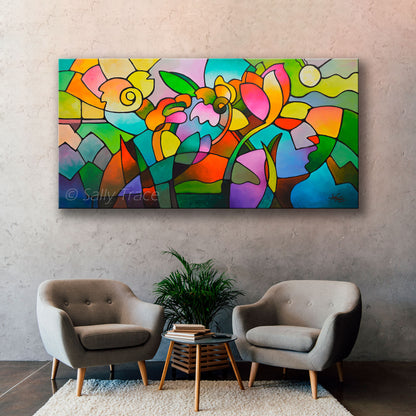 Modern contemporary geometric abstraction "Summer Day" original painting by Sally Trace, large abstract colorful abstract art