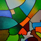 Original abstract landscape painting by Sally Trace that is about a feeling of expansiveness when one is stepping out into a new day. This is an acrylic on canvas painting in a vertical format and is 24 inches high and 48 inches wide.  This image shows the painting with a close-up view.
